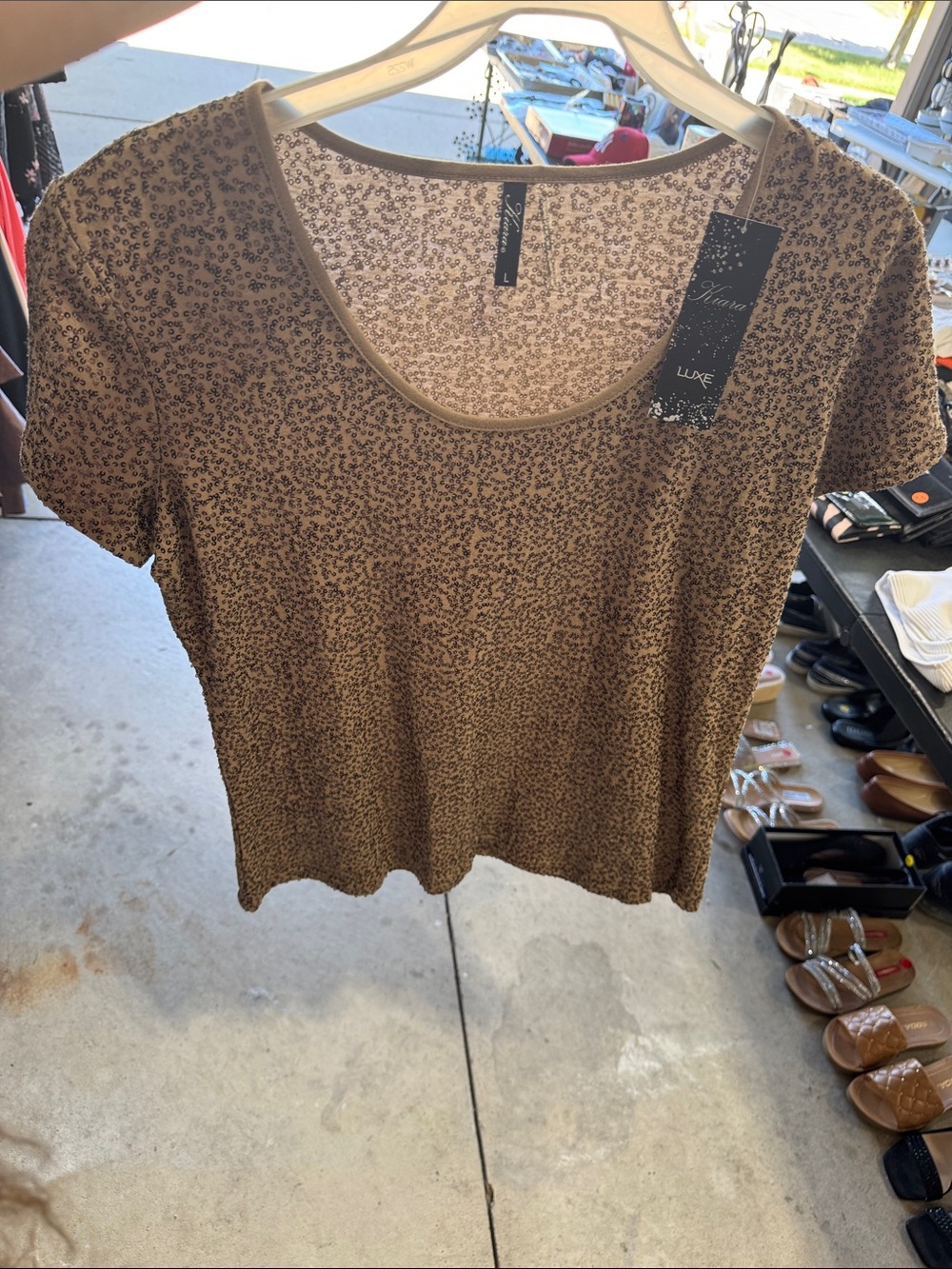 Luxe Tan Brown Microprint Scoop Neck Short-Sleeve Top